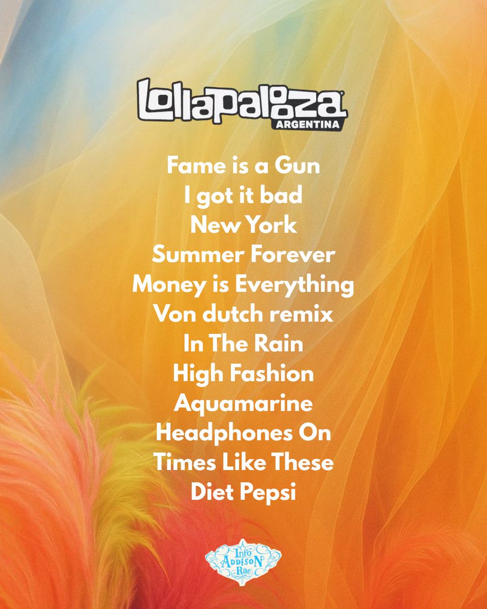 infoaddisonrbr's tweet photo. Confira a setlist de Addison Rae no Lollapalooza Argentina 🇦🇷 https://t.co/xkR14HxM5L