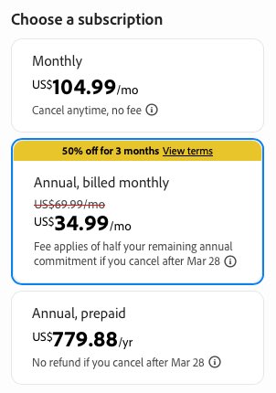 KotsuCoder's tweet photo. This is what it looks like when you subscribe to Creative Cloud.

Your failure to read what’s on screen is not a dark pattern. If you didn’t want to commit to a year, you shouldn’t have selected the annual commitment. https://t.co/0GgF1uySDW