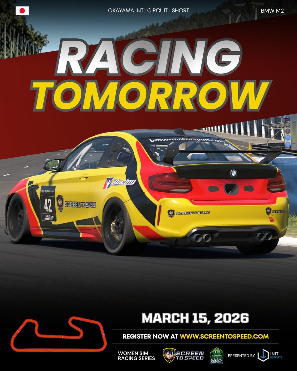 init_esports's tweet photo. The wait is over.

Racing begins tomorrow at Okayama.
Get ready for intense battles, close racing, and incredible drivers competing in the Screen to Speed Women’s Series.

Last chance to join 👉 https://t.co/dM2BdINr4k

#simracing #esports #gaming #screentospeed https://t.co/bp9VF8QvHe