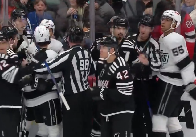 DevilsJointX's tweet photo. The color coordination between the Devils, Kings and Officials is blasphemy on the eyes. Who gave this the green light?
#NJDevils #NHL #GoKingsGo https://t.co/nm2VTNWw94