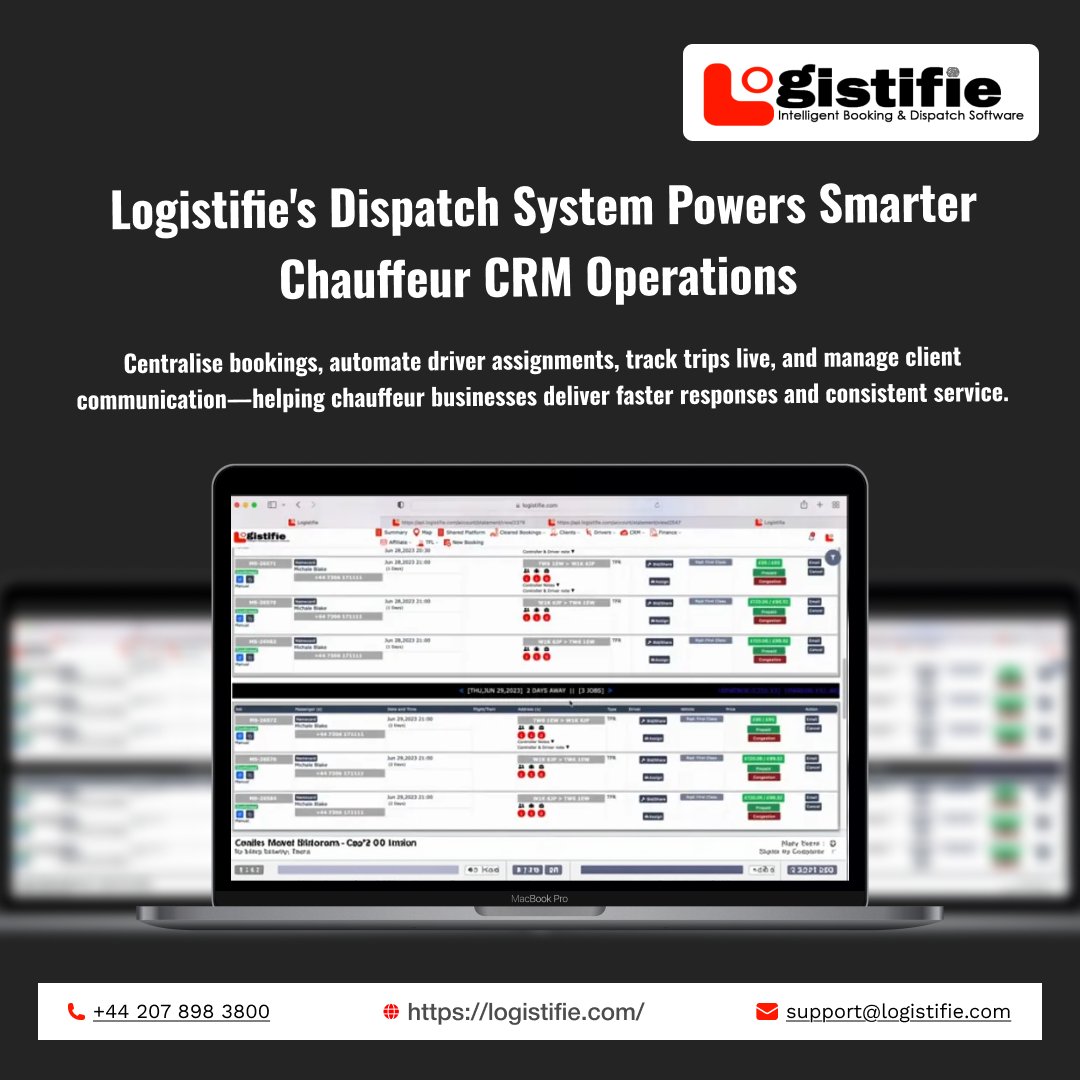 logistifie's tweet image. #ChauffeurBusinesses lose time juggling bookings, drivers, and client updates. #Logistifie’s #DispatchSystem centralises operations, speeds assignments, and improves #CRM visibility worldwide.

For Free Demo: logistifie.com/demo-request/

#FleetManagement #DispatchSoftware #Automation