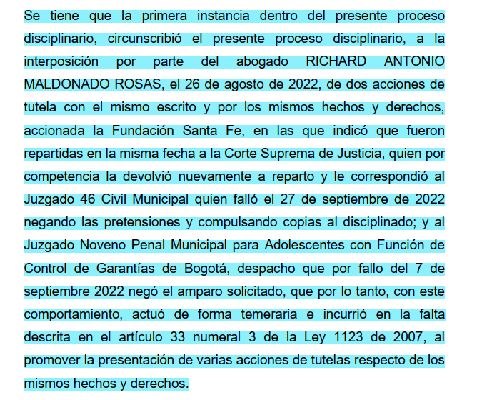 Soyd3lmonton's tweet photo. TEMERIDAD AL PRESENTAR LA TUTELA. 
Creo que esta sentencia es un excelente ejemplo de lo que acá hemos llamado "CACERIA DE BRUJAS DE LAS COMISIONES SECCIONALES".
Se sanciona si un conocimiento cierto de la duplicidad de TUTELAS https://t.co/DuLfsP6YMe