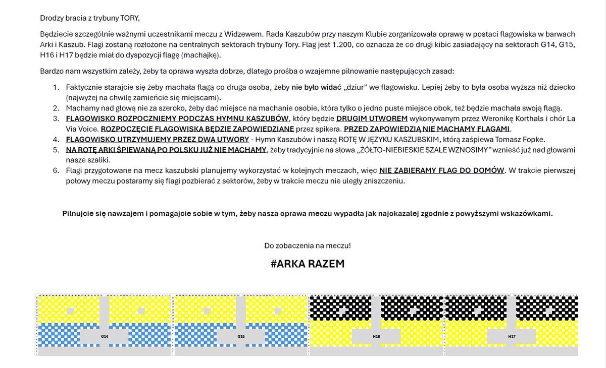 Już za kilka godzin kolejny bardzo ważny mecz naszej  <a href="/ArkaGdyniaSA/">Arka Gdynia</a> 💛💙
Będzie to kolejny mecz kaszubski ze szczególną oprawą na trybunie TORY.
Przeczytajcie proszę  tekst i podajcie dalej żeby wszyscy <a href="/arkowcypl/">arkowcy.pl</a>  z TORÓW wiedzieli co robić.
#ArkaRazem #KaszëbëZnacziArka
