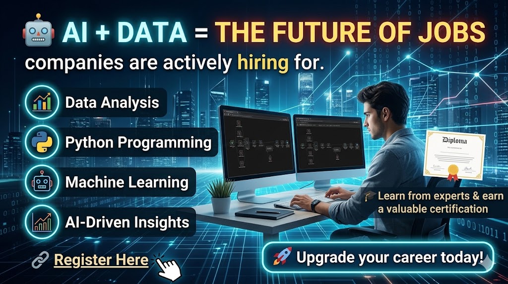gudanglifehack's tweet photo. 𝗗𝗮𝘁𝗮 𝗔𝗻𝗮𝗹𝘆𝘁𝗶𝗰𝘀 &amp; 𝗗𝗮𝘁𝗮 𝗦𝗰𝗶𝗲𝗻𝗰𝗲 𝘄𝗶𝘁𝗵 𝗔𝗜 𝗖𝗲𝗿𝘁𝗶𝗳𝗶𝗰𝗮𝘁𝗶𝗼𝗻😍

Learn the most in-demand tech skills of 2026 and build a high-growth career in AI &amp; Data Science 📊

🎓 Industry Certification
💻 Hands-on Projects
📈 Job-Ready Skills https://t.co/DT6Ysa4JYc