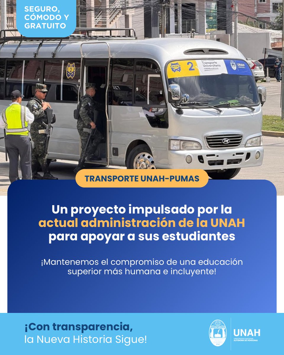 UNAHoficial's tweet photo. Un compromiso que nació en 2025 y continuará para beneficio de nuestros estudiantes a nivel nacional.

La comunidad universitaria puede tener la certeza de que la actual administración de la UNAH mantendrá el servicio de transporte universitario gratuito, como parte de las políticas institucionales orientadas al bienestar estudiantil.

No es una promesa ni algo que deba solicitarse: es una realidad que la UNAH impulsa y sostiene.

#LaNuevaHistoriaSigue #UNAH #Honduras