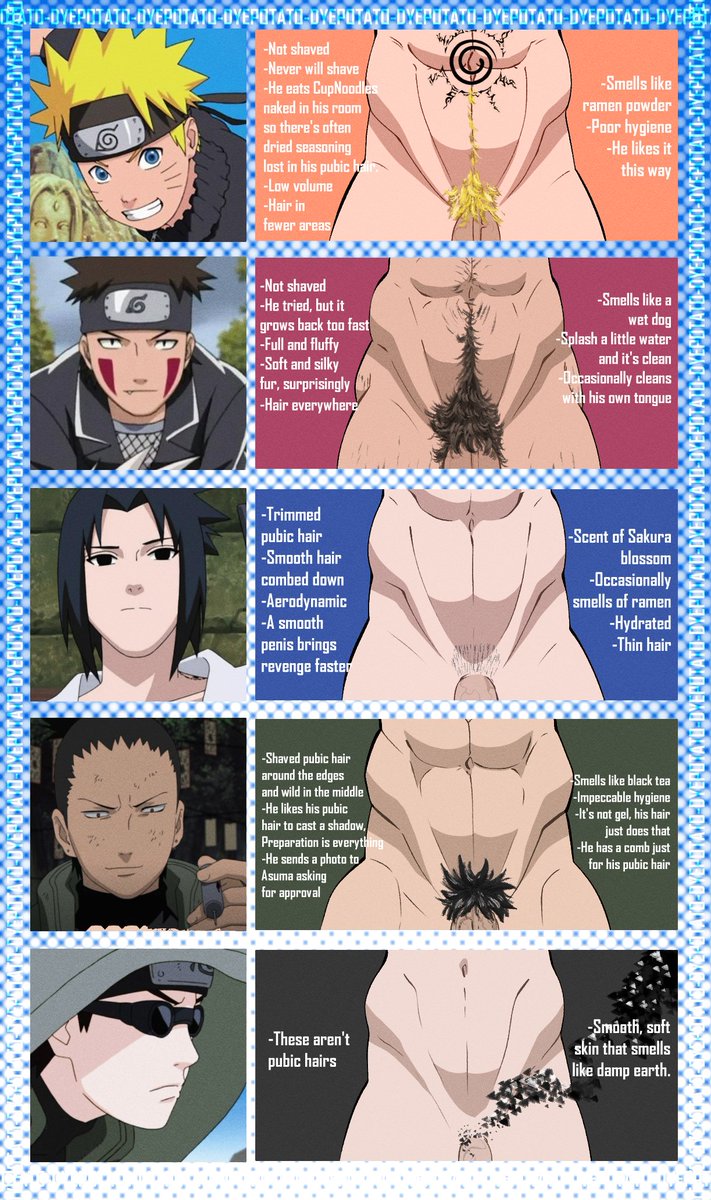 Nobody asked, but everyone needed it.
Here's a totally canonical chart (Source: I said) of what Naruto and his friends' pubic hair looks like. Everything confirmed, and anyone who says it's a lie is in denial.

Should I do one for the senseis?