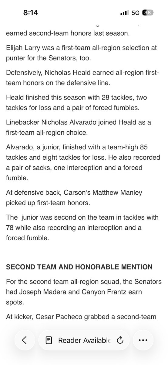 Nicholas Alvarado
Carson High School (NV)
6’1 220 | LB/TE | Class of 2027

Team-High 95 Tackles
8 TFL
2 Sacks
1 INT
1 Forced Fumble

First Team All-Region.

Leader of a fast, physical Carson defense.

Still climbing.

#RecruitNico