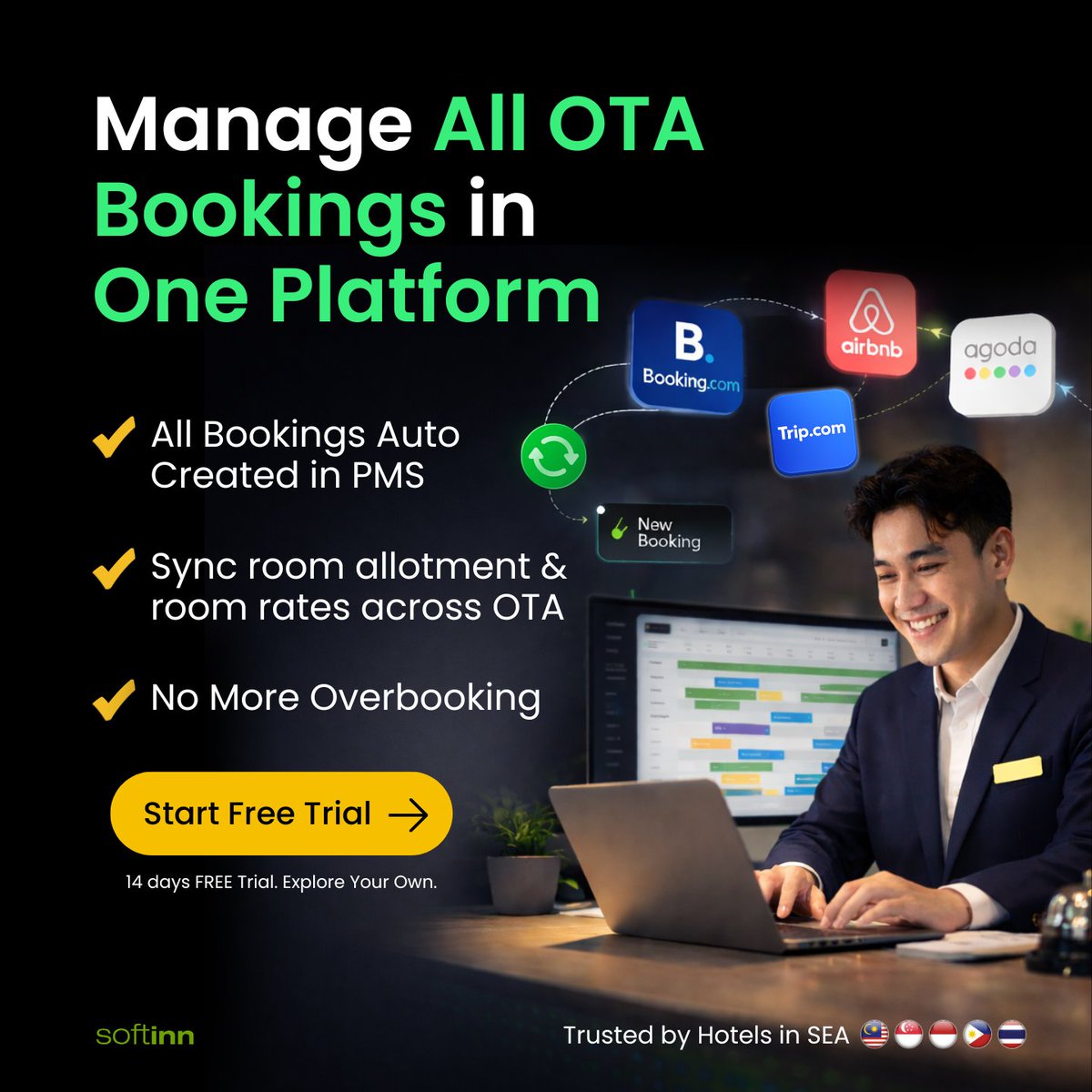 mySoftinn's tweet photo. Are you still switching between multiple OTA extranets every day?

With Softinn PMS + Channel Manager, you can manage all your OTAs in one platform.

Connect with 100+ OTAs and simplify your hotel operations.

Try Softinn FREE for 14 days 👉🏻https://t.co/h0u9YP9u3l https://t.co/SfSr0LODLg