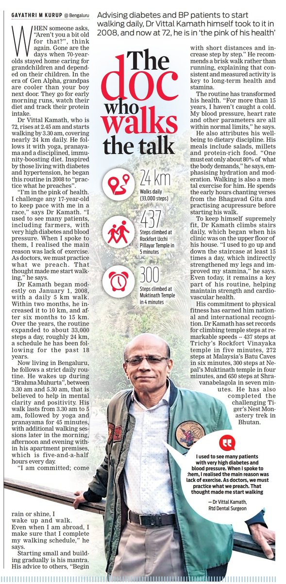 XpressBengaluru's tweet image. #BrightSide
At 72, Vittal Kamath starts his day at 2.45 am, walks nearly 24 km, &amp;amp; follows it with yoga &amp;amp; disciplined diet. Age is no barrier, today’s seniors are redefining fitness &amp;amp; proving healthy living has no expiry. 
@Gayathriikurup
@santwana99 @Cloudnirad @KannadaPrabha