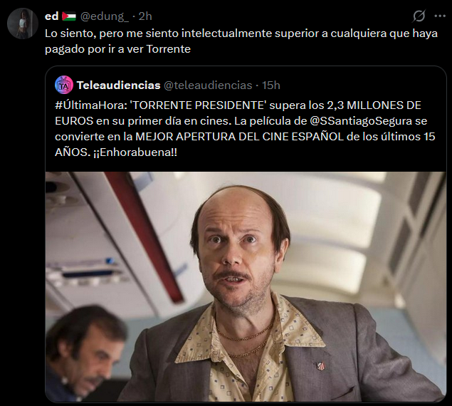mayorcete's tweet photo. Yo me siento superior intelectualmente a cualquiera con la bandera de Palestina, y tú te sientes superior por no ver una película de humor. No somos lo mismo. https://t.co/BRe2IaWq7D