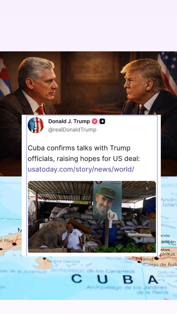 ElNecio_Cuba's tweet photo. 🇺🇸🇨🇺 CONFIRMADO: A pesar de que los congresistas cubano-americanos ayer lo negaron, Donald Trump publica en su red social Truth Social sobre la mesa oficial de conversaciones, donde quedan fuera todos los representantes del lobby extremista anticubano de la Florida, que desde ayer están negando el contacto y las futuras inversiones en Cuba.

✍️ Trump compartió:

«Cuba confirma conversaciones con funcionarios de EEUU: aumentan las esperanzas de un acuerdo»