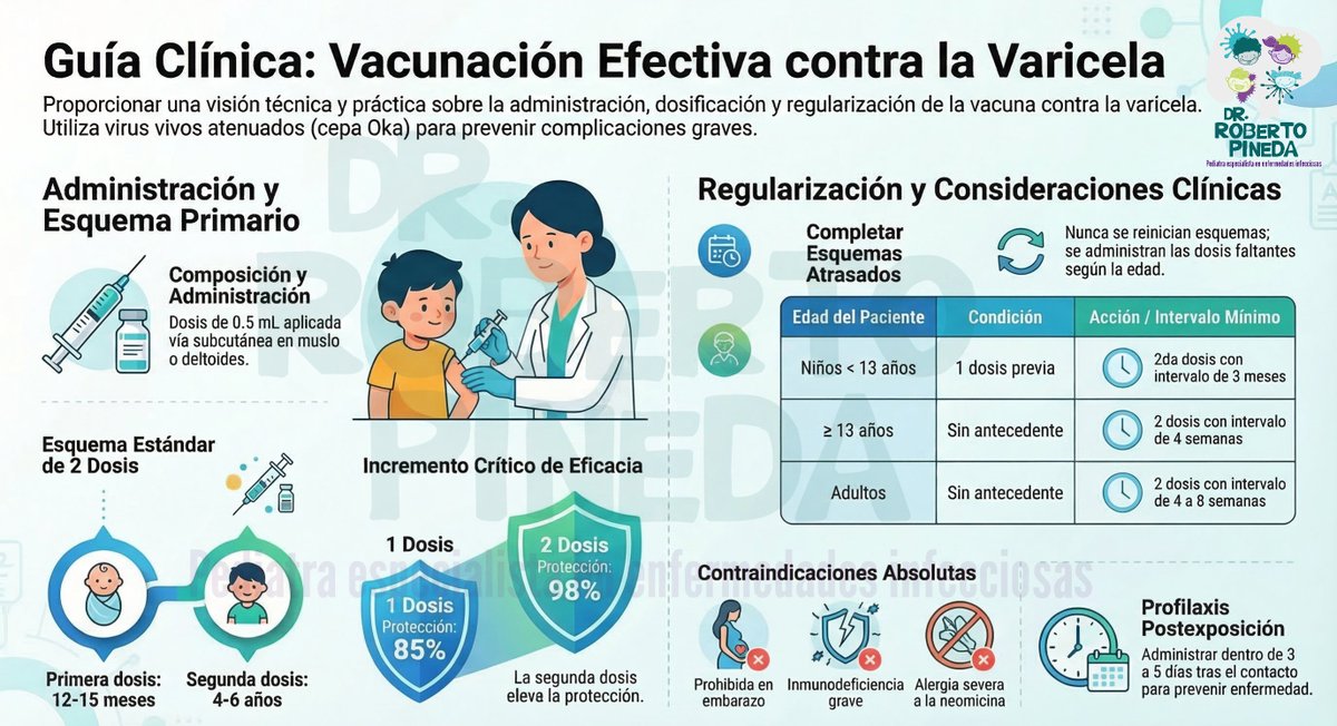 La vacuna contra la varicela previene complicacione.

✔ 1 dosis: ~85% protección
 ✔ 2 dosis: ~98% protección
Esquema recomendado:
 👶 12–15 meses
 🧒 4–6 años

Los esquemas atrasados no se reinician, solo se completan.