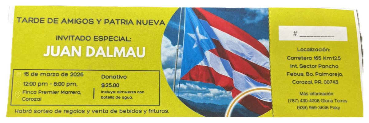 ComiteP79943's tweet photo. Buenas noches compatriotas , aún nos quedan taquillas a $25 de la actividad de "tarde de amigos y PATRIA NUEVA" con Juan Dalmau mañana . Puedes obtener la tuya comunicandote con Radames Medina al número (939)207-8982 . https://t.co/n61w5P01t3