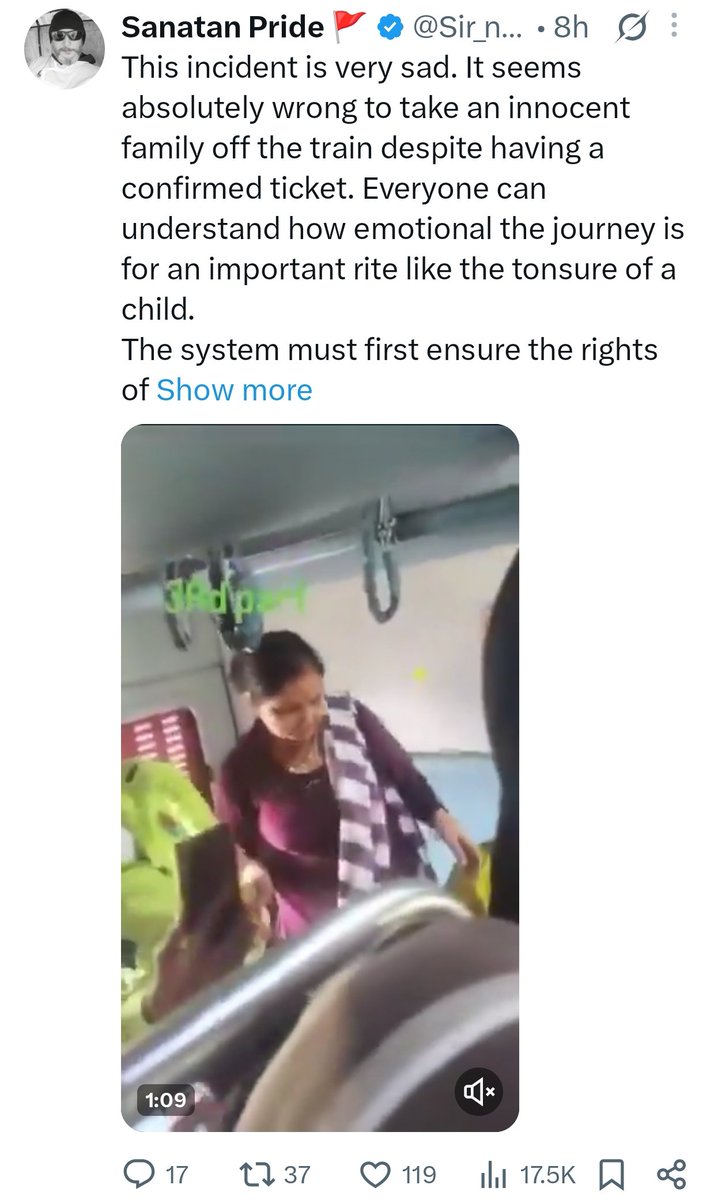 AbodeOfLakshmi's tweet photo. Excellent work by the @RailMinIndia - @RPF_INDIA 
👏👏👏👏. 
The TTE & RPF staff should be suspended and appropriate action should be taken post enquiry. @RailwayNorthern
https://t.co/mguUcgKMvd
The Railways should arrange free travel to the passengers (deboarded midway) to complete the Mundan ceremony. 
@AshwiniVaishnaw @drm_umb