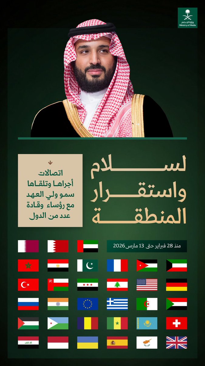 ٤٣ اتصالا مع ٤٣ رئيس دولة لبحث سلام واستقرار المنطقة أجراها ولي العهد السعودي الأمير محمد بن سلمان في ١٥ يوما 🇸🇦