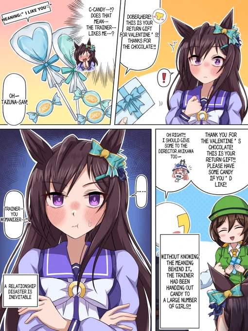 Umamusume English translation
"The Trainer handed out White Day candy to a lot of girls… without knowing what it means."
#UmaTranslations 
#Umamusume 
