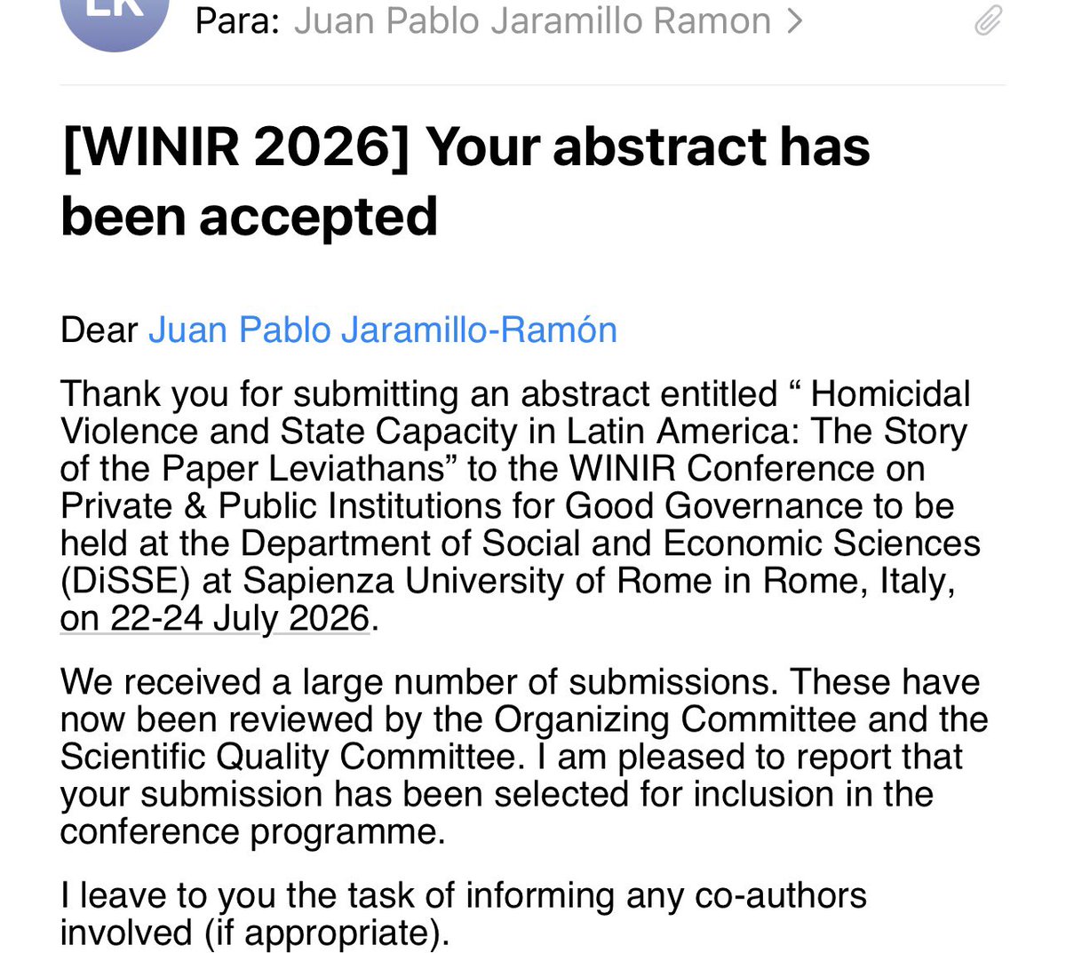 Bueno nos vamos a Roma a la Universidad pública más grande y prestigiosa de Italia a presentar el paper. 😊