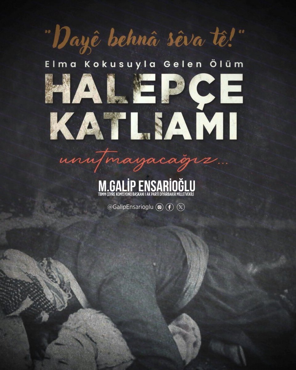 GalipEnsarioglu's tweet photo. "Dayê behnâ sêva tê!”
("Anne, elma kokusu geliyor!") diyerek ölüme giden masumların ahı hala yeryüzünde.

38 yıl önce bugün, insanlık tarihinin utanç sayfalarından olan #HalepçeKatliamı’nda kimyasal silahlarla 5000 sivil kürdün katledilmesine sebep olan canileri telin ediyor, hayatını kaybeden bütün canlarımızı rahmetle anıyorum.