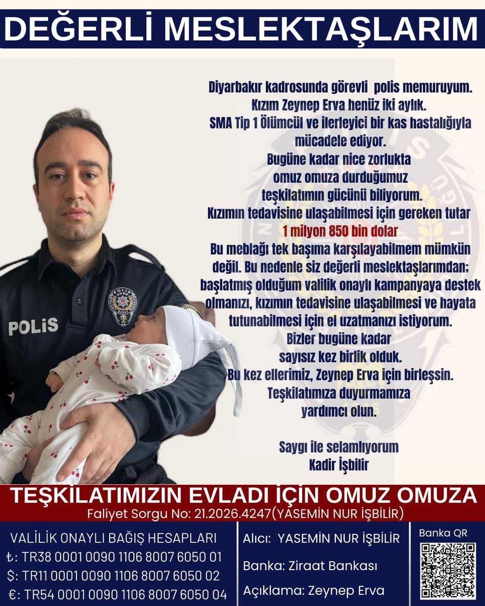 SmaZeynepErva's tweet photo. Vatan bana evladım size emanet diyen bir babayım,kutsal görevimi yapmaktan gurur duyan bır babayım bugün evladım Zeynep Erva için sizlere seslenıyorum sizden maaşınızın tamamını değil damlaya damlaya göl olur diyerek gönül sadakalarınızı istiyorum. https://t.co/z2QoZL3yXW