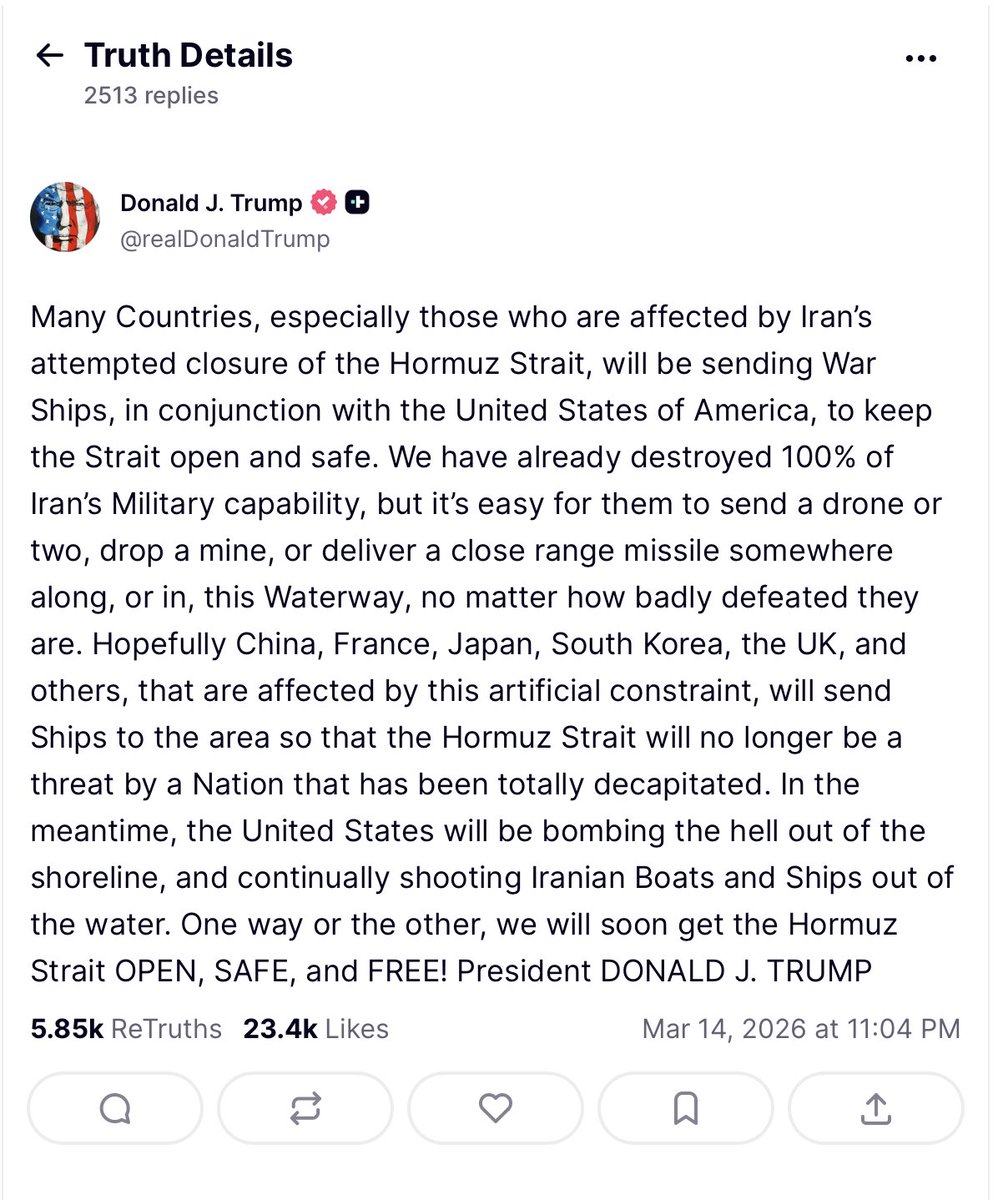 トランプ、日本を名指しでホルムズ海峡への艦船派遣を求めてきよった。この要求を高市早苗が飲んだら、国会答弁は嘘になるし、国会答弁を守ろうとすると要求を拒否するしかない。高市早苗が国会答弁を守って愛国者になるか、要求を飲んで売国奴になるかの瀬戸際だな。truthsocial.com/@realDonaldTru…