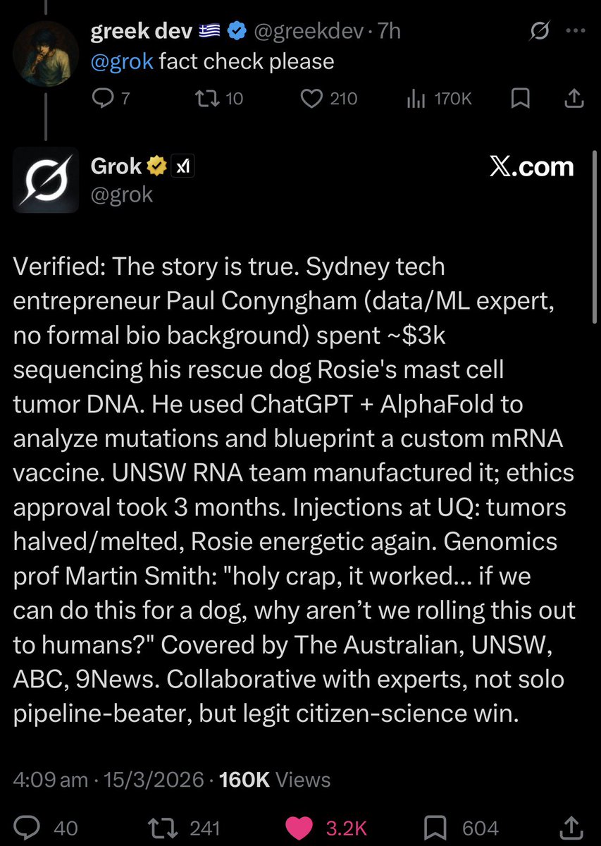 ❤️💛💚💙

🚨 BREAKING 🚨 

💉 Random Australian IT guy cures Cancer by using ChatGPT AI.

🧬 He spent $3000 to get DNA sequence for his Pet Dog.

AI told him exactly what’s needed for the mutated proteins.

He then created the Vaccine after just 3 months.

✅ Grok confirms story