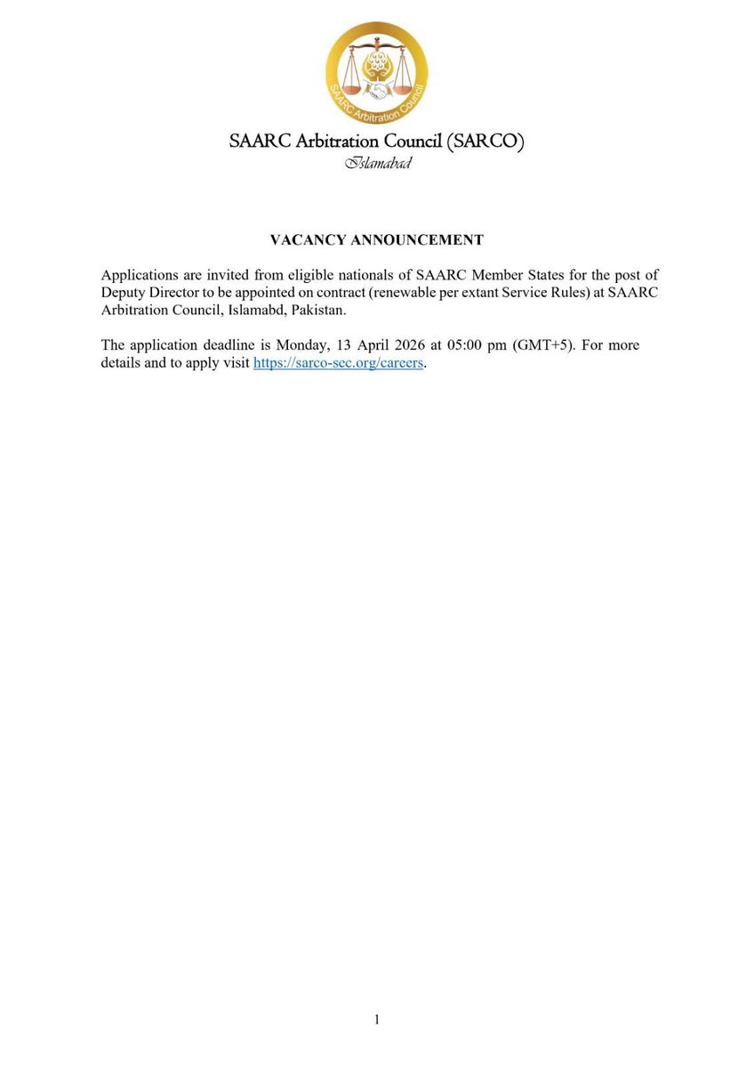 Vacancy Announcement!
Applications are invited from nationals of SAARC Member States for the post of Deputy Director on contract (renewable under Service Rules) at the SARCO, Pakistan.
The deadline is Monday, 13 April 2026 at 05:00 pm (GMT+5).
sarco-sec.org/careers