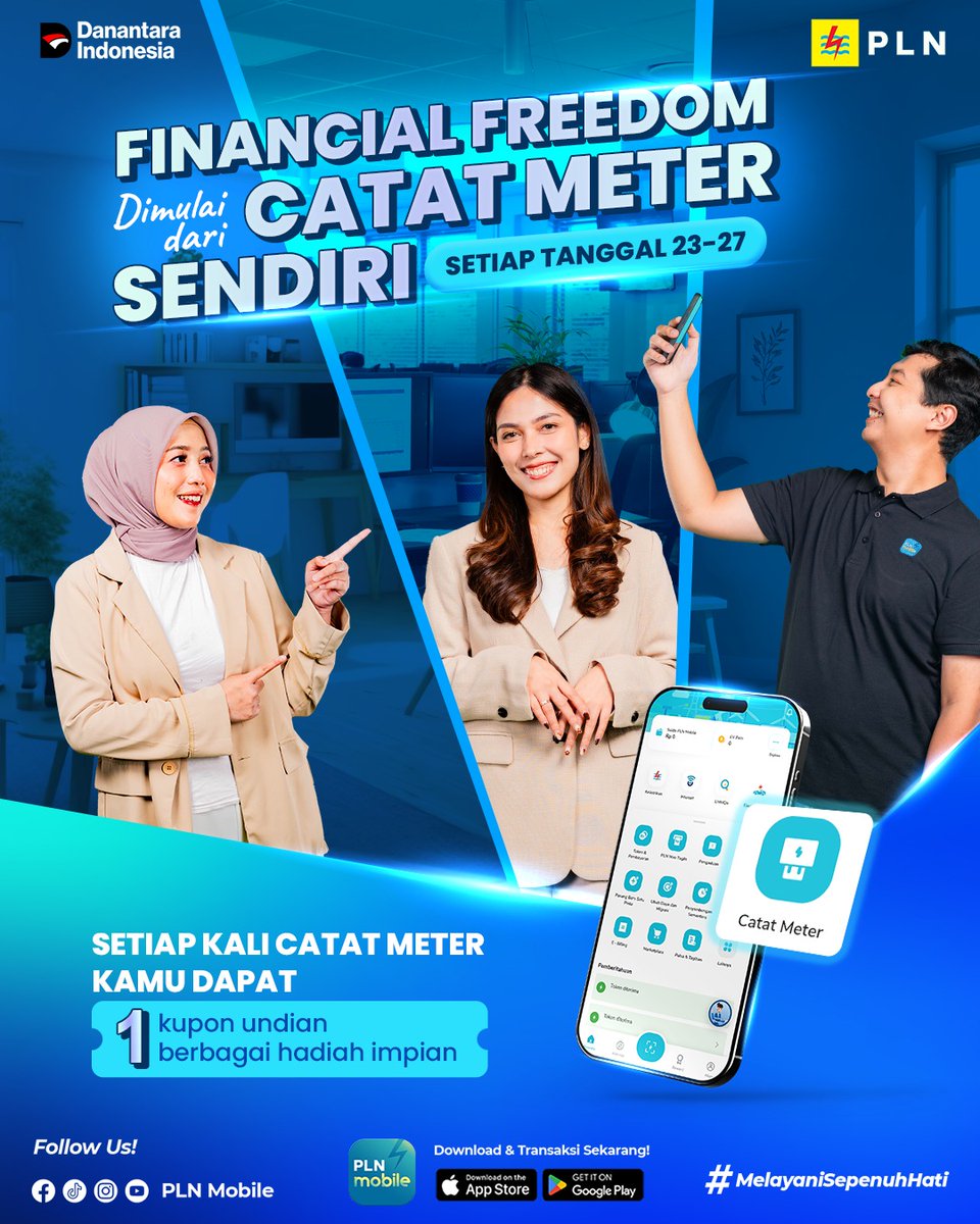 arunadeepaf's tweet photo. Kunci bebas finansial adalah punya kendali penuh atas pengeluaran.

Gak ada lagi surprise bills di akhir bulan. Kamu jadi bisa mengatur strategi hemat listrik lebih baik. 

Ambil kendali tagihanmu dan raih ketenangan finansial di fitur Catat Meter! 🔍

#PLNMobile #SemuaMakinMudah https://t.co/OIvBtppm0s