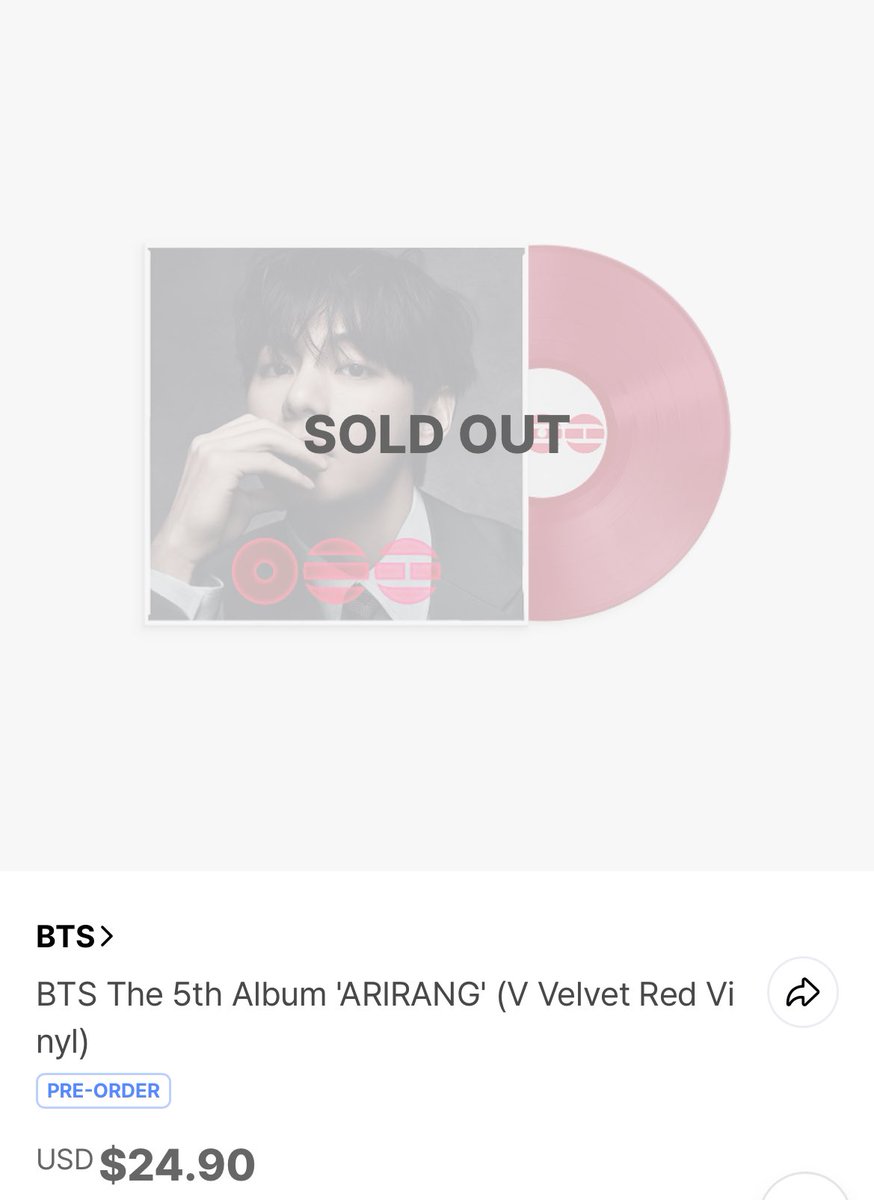 BTS The 5th Album Arirang V Velvet Red Vinyl Version is SOLD OUT