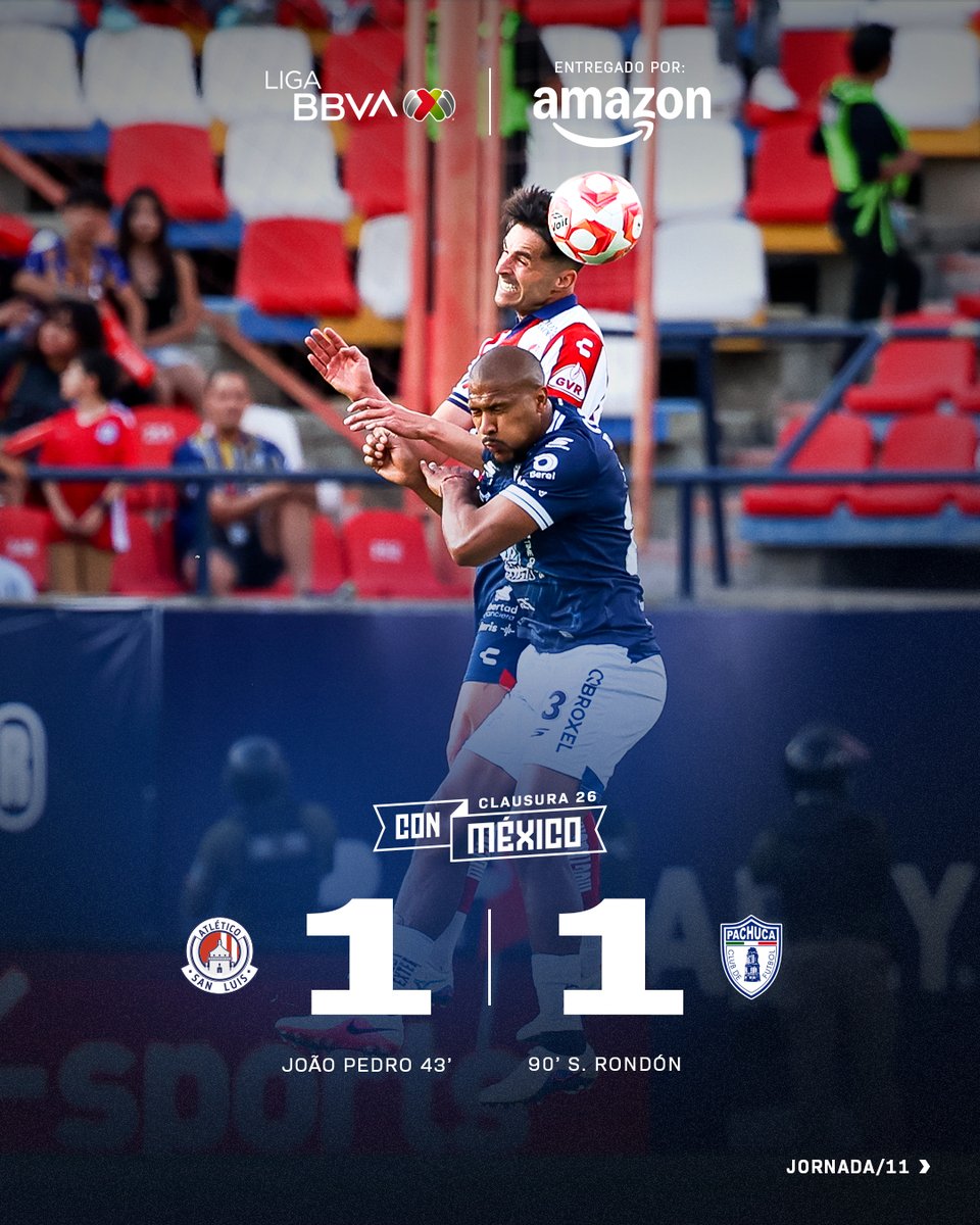 LigaBBVAMX's tweet photo. Dividen puntos en SLP. 🔴⚪🆚💙🦫
@Tuzos rescató el empate ante @AtletideSanLuis con gol sobre la hora. 📦
#MarcadorFinal entregado por @amazonmex.
https://t.co/xY13O5dPrT 📰
#EntregamosTodoPorElFut | #AmazonMX | #ADSLPAC https://t.co/IXBYR1oD3a