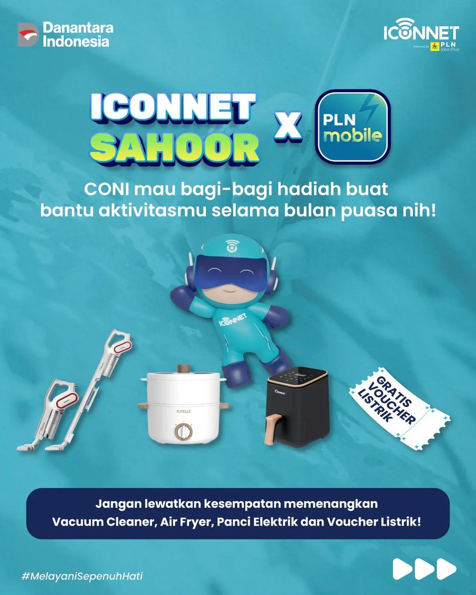 arunadeepaf's tweet photo. Hi NetICON!

Sahur bareng ICONNET Sahoor lagi!

Kali ini CONI mau bagi-bagi peralatan buat nemenin aktivitas kamu selama bulan Ramadan. 🥳🥳
Jangan sampai ketinggalan buat dapetin Vacuum Cleaner, Air Fryer, Panci Elektrik, dan Voucher Listrik.

#PLNMobile https://t.co/u1o3SCpaQC