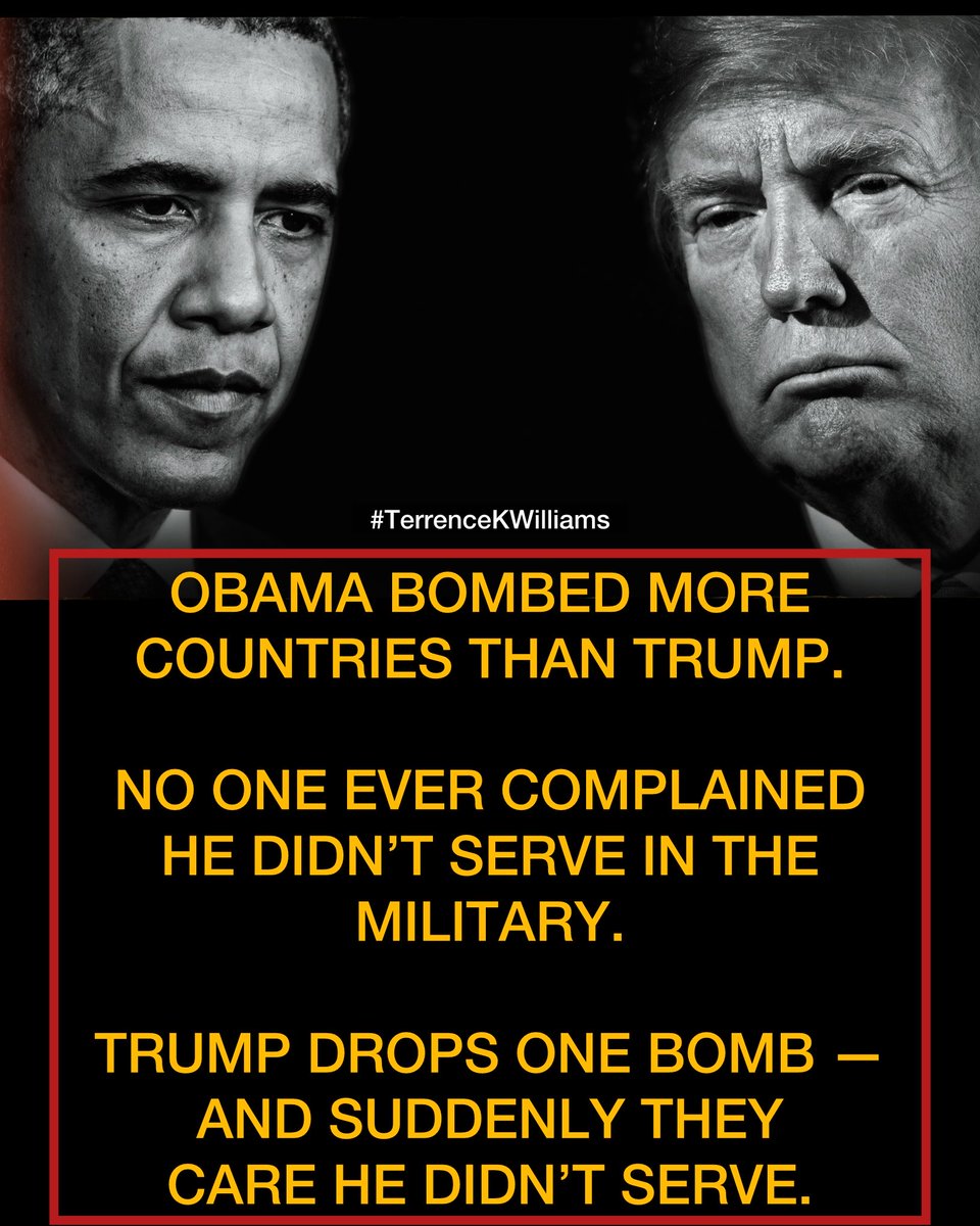 w_terrence's tweet image. Spare me the lectures about Donald Trump not serving in the military.

Barack Obama never served in the military either.

Yet the same people repeating that talking point were silent when Obama was ordering strikes and military operations in Libya, Syria, Iraq, Afghanistan,