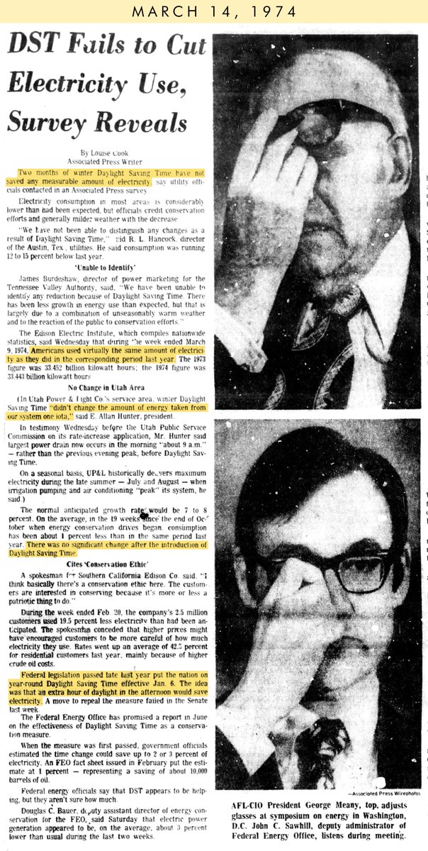 SaveStandard's tweet photo. “Two months of winter Daylight Saving Time have not saved any measurable amount of electricity.” On this day in 1974. https://t.co/FWbt0Zvxbh