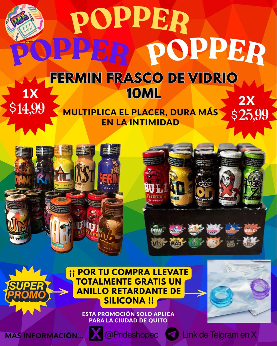 Tienda Gay con una trayectoria de más de 3 años te trae #popper Entregas en todo Quito, pide el tuyo ahora, la promoción de ANILLO RETARDANTE CON TU COMPRA, solo hasta agotar stock #popper #gay envía mensaje a telegram respondemos más pronto ahí. Envíos garantizados.