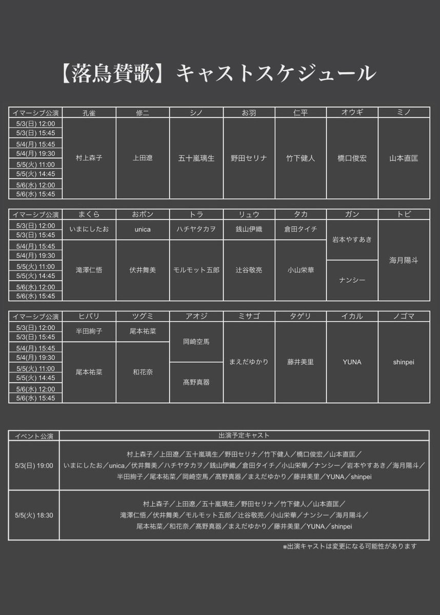 #落鳥賛歌 
5/3(日)19:00イベント公演について、新たに出演キャストの追加がございます🦚

イマーシブ公演・イベント公演共に、チケット先着販売は本日【3/15(日)20:00より】開始！
ぜひキャストスケジュールもご確認の上、お申し込みくださいませ。