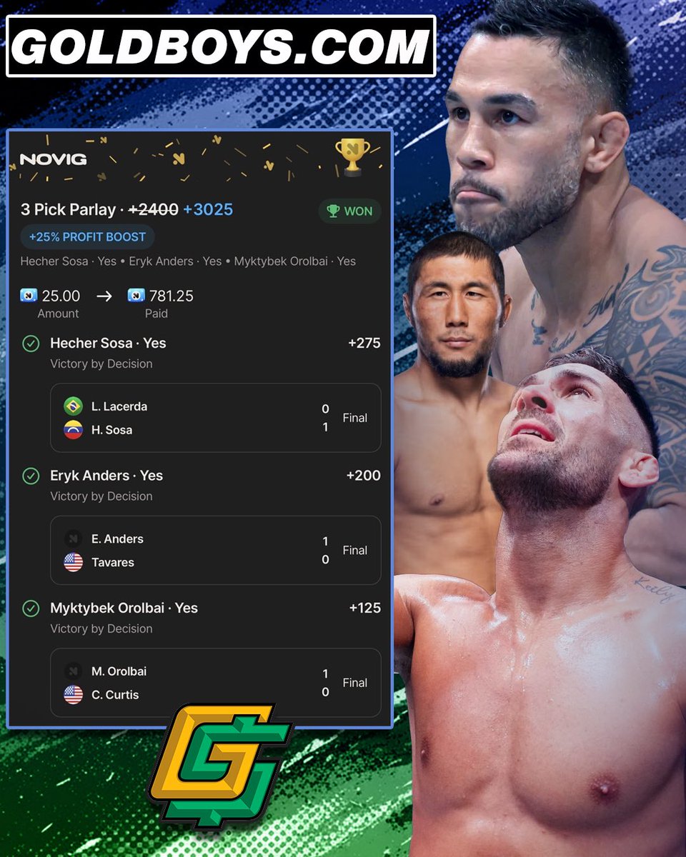 💥 BANG! 💥

Cash the +3025 UFC Parlay for <a href="/FinesseTheBooks/">Finesse</a> 🥊

$25 ➡️ $781 😤

DM us for a limited discount code and CASH with us! 👉 GoldBoys.com