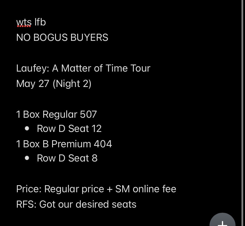 _milkkie's tweet photo. wts lfb
NO BOGUS BUYERS

Laufey: A Matter of Time Tour Manila
May 27 (Night 2)

1 Box Regular 507
• Row D Seat 12 
1 Box B Premium 404
• Row D Seat 8

Price: Regular price + SM online fee
RFS: Got our desired seats https://t.co/djcCfH6oY2