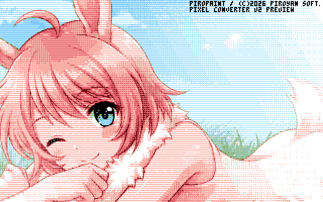 piroyan's tweet photo. pixelConverter V2進捗。「やれ」と言われた気がしたので、X68Kの512x512(65535色)と、768x512(16色)のモードを追加。プレビュー時はPAR調整して表示します。あと、MSX1用に横ストライプの中間色モードを追加。4枚目、PC-8801(アナログ)に適用すると、ちょっと走査線っぽい感じ？ #MSX #X68000 #PC88 https://t.co/YTHTpFqW8M