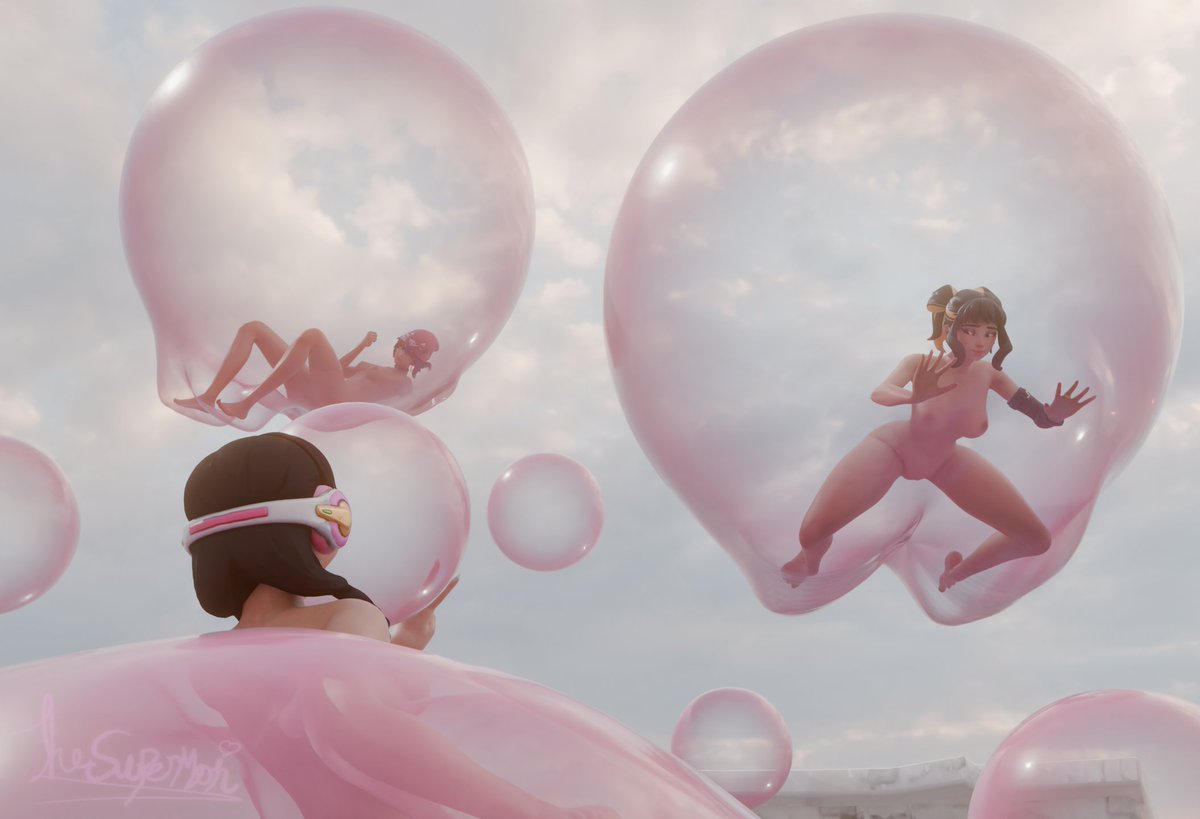 thesupermonart's tweet photo. Caught in some bubblegum hijinks.🫧

(A comm for the sweet @BubblyCleo. Thank you so!)
-Models by @dzooworks &amp; @AlexaVLewd) https://t.co/hFLE5yyfc5