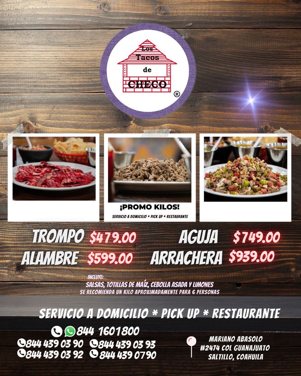 Hoy #FelizSábado, aprovecha nuestra super promoción por #KILOS⚡️

Disfruta de los más deliciosos taquitos de arrachera, alambre, aguja o nuestro tradicional trompo. 😋

WhatsApp 📲 844160 1800

#ServicioADomicilio 🚕, #PickUP y #Restaurante. 🍽 

#Saltillo
