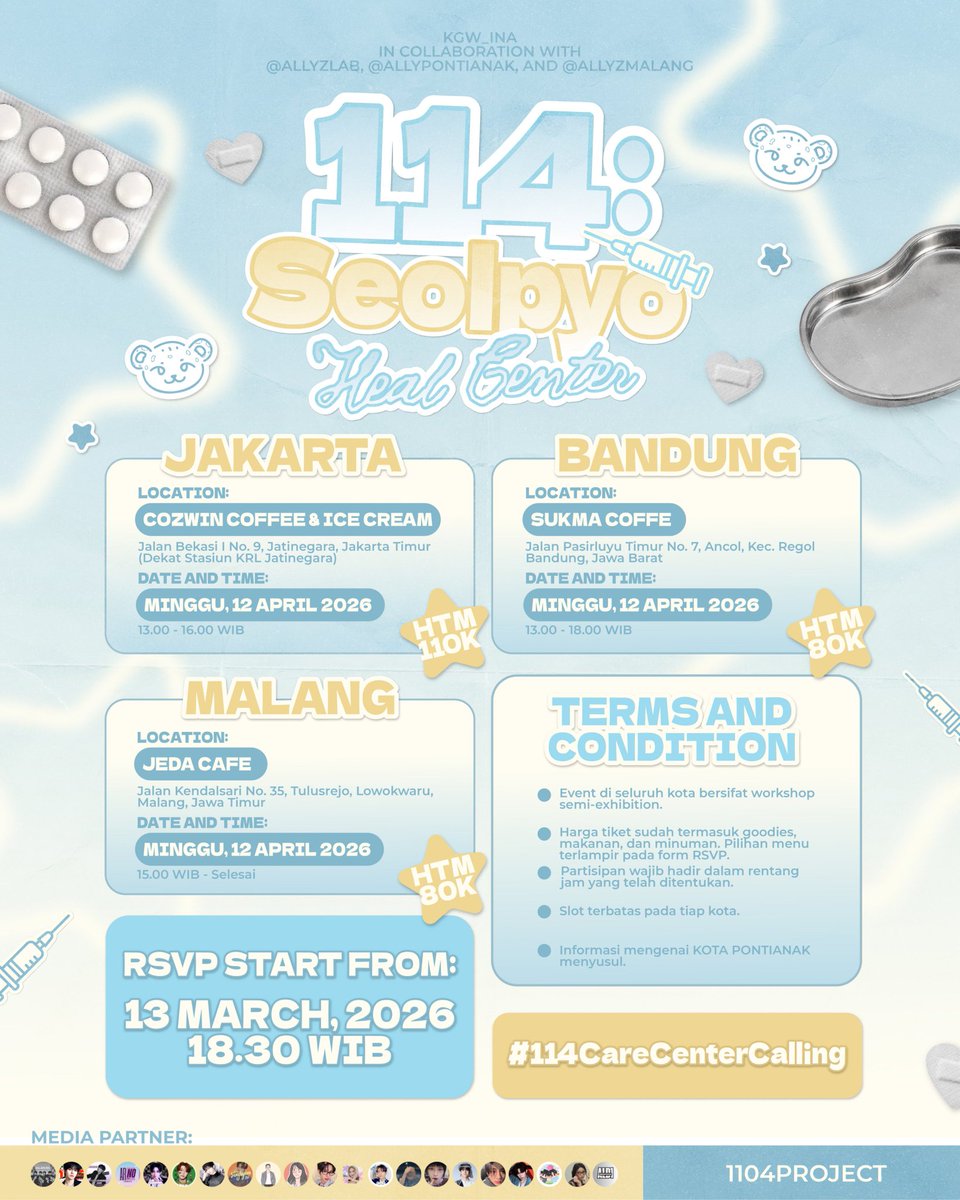 allyzmalang's tweet photo. 📞𝟭𝟭𝟰: 𝗦𝗲𝗼𝗹𝗽𝘆𝗼 𝗛𝗲𝗮𝗹 𝗖𝗲𝗻𝘁𝗲𝗿 ༘⋆

2026 Geonwoo Birthday Cafe Event 𝘣𝘺 1104project in Malang

🗓 12/04/2026
🕒 15.00 - 18.00 WIB
 📍 Jeda Cafe (Jl. Kendalsari No.35)
💸 80K
🔗 RSVP here https://t.co/8ErbeGcMqp
👕 Blue/White

#114CareCenterCalling #GEONWOO #건우 https://t.co/px6llvU2cR