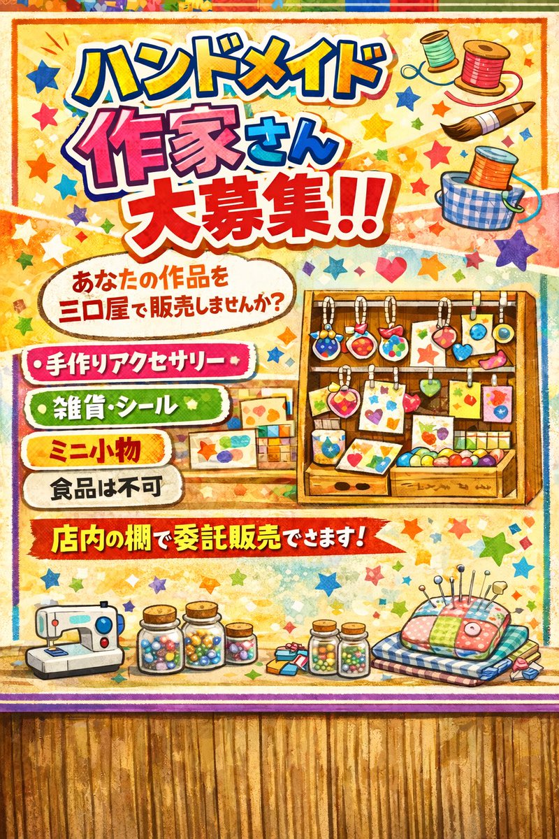 mikuchiya's tweet photo. おかしの三口屋で作品を販売してみませんか？✨

委託販売してくださる作家さんを募集しています。

ハンドメイド作品・雑貨など大歓迎です。

・スペースに限りがあります。
・食品は不可です。

お問い合わせは
DM
または直接ご来店頂き店主までお声かけください。 https://t.co/mX2Zbjwjnh