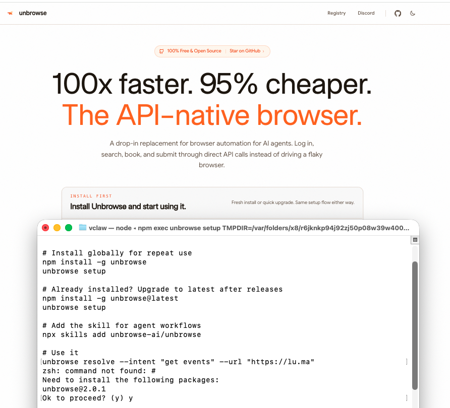 vesper792's tweet photo. unbrowse. Agentic Infra for the Vibecoder Economy.

im not gonna lie.
for a long time i didn't understand unbrowse.

then i started vibecoding.
& everything changed.

right now, ai agents behave too much like humans. they visit websites, take screenshots, read the page. 

it works, but once you're vibecoding at scale it eats through your tokens. 
everything gets slower and more expensive.

unbrowse fixes this. 
with v2, unbrowse isn't a side tool anymore. 

it is the browser. 

every page your agent visits gets silently indexed. network traffic captured, APIs reverse-engineered, skills contributed to a shared marketplace. 

one command to install. 
works with claude code, cursor, codex, windsurf, openclaw.

you don't screenshot the web. you route through it.

there are thousands of people like me and growing. 

we're spending nights and weekends building with agents, often on our own dime. 

unbrowse makes it faster to build, cheaper to run, and possible to earn from what you create. 

every api you add to the index earns when others use it.

the endgame? 
an agentic internet router. 

google indexed the web for humans.
 unbrowse is indexing it for machines.

unbrowse everything.
