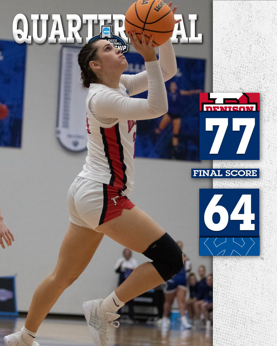 NCAC's tweet photo. 🏆 #d3hoops | Quarterfinal

FINAL: No. 8/12 @denisonsports 77, No. 3 Washington &amp; Lee 64

The Big Red continue to make history, punching their ticket to the @NCAADIII Women's Basketball Tournament Semifinal for the first time in program history! https://t.co/nIA7BKU9Co