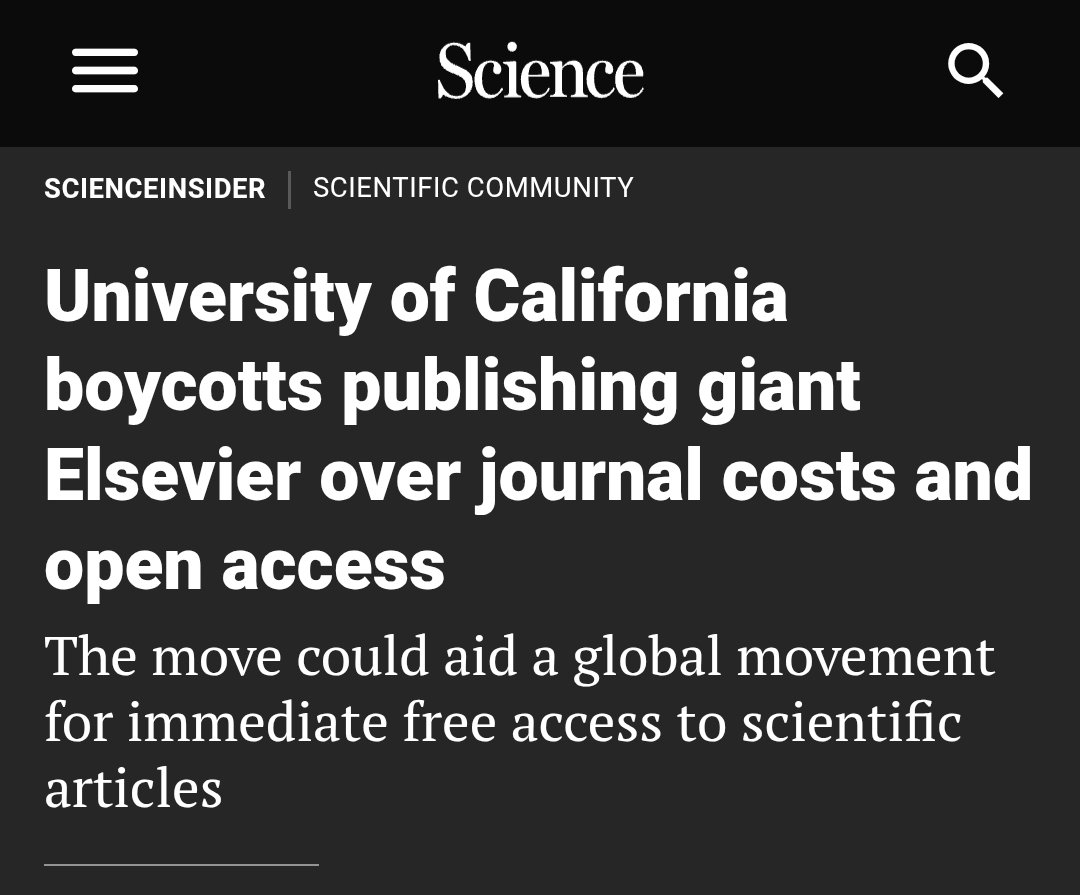 Boikot Elsevier.

Ini bukan hanya ajakan, melainkan sudah terjadi di universitas-universitas besar di negara Barat.

MIT, yang dulu menyebabkan kematian aktivis open access Aaron Swartz, sudah memutus kontrak dengan Elsevier sejak 2020. MIT pindah pakai ekosistem sendiri yang