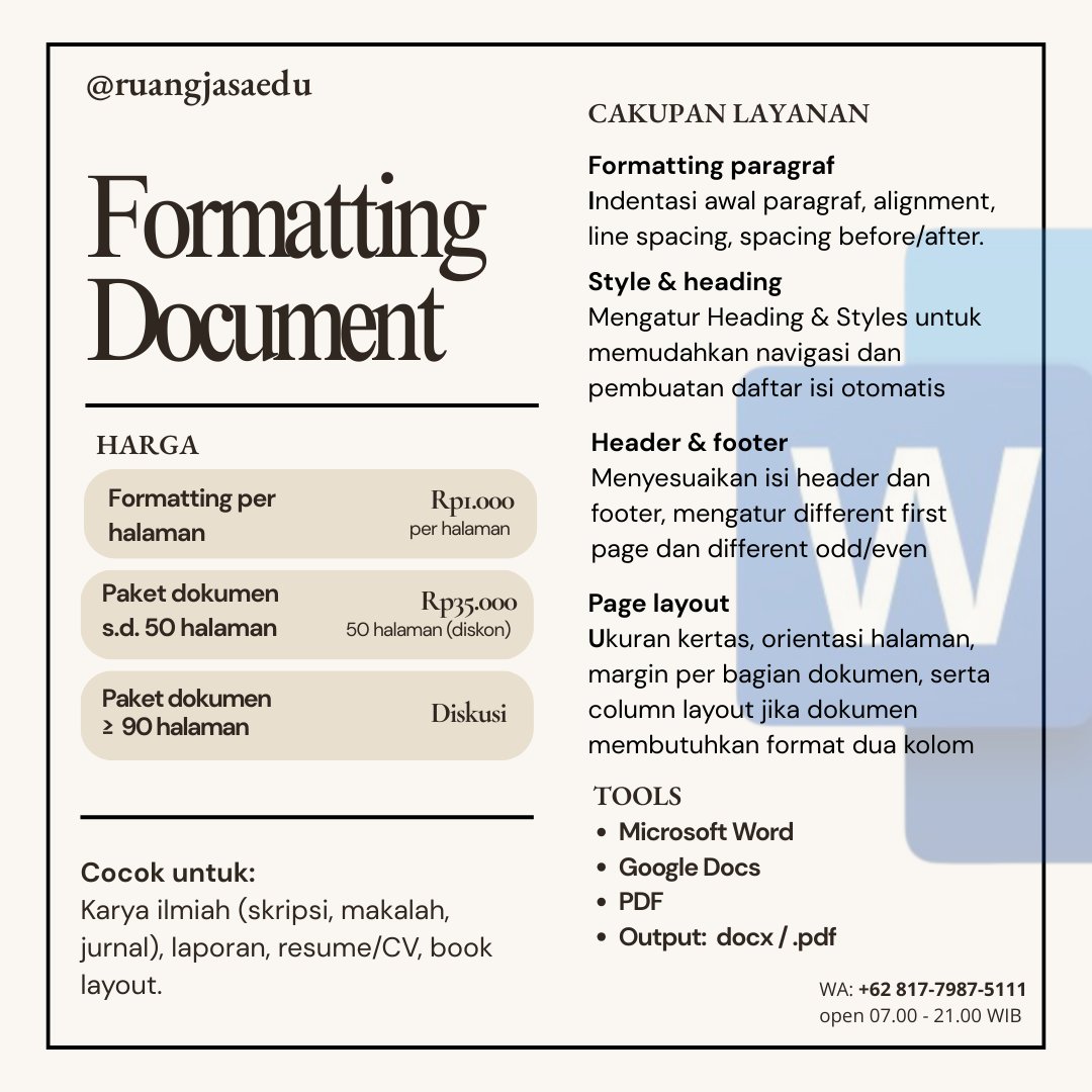 ruangjasaedu's tweet photo. JASA FORMATTING DOCUMENT

✅ dalam satu dokumen, biasanya tidak semua jumlah halaman dihitung. untuk mengetahui harga pasti dan estimasi pengerjaan, harap kirimkan file untuk dicek terlebih dahulu
✅ order > 50 halaman mendapat potongan harga https://t.co/1Tonx0UR09