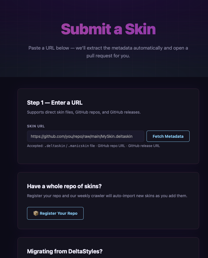 provenanceapp's tweet image. Check out our new catalog website for Delta Skin, Manic Skin (we should rename these EMU Skins!), and more!

Skin developers, submit your own easy self-hosted GitHub repositories. Submit yours today!

provenance-emu.com/skins/

#ios #emulator #skins #retroarch