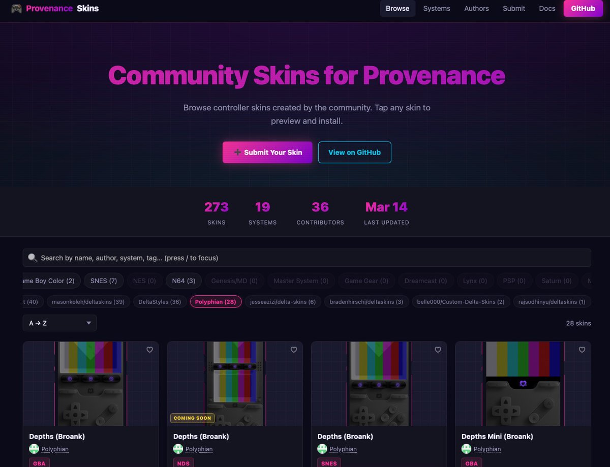 provenanceapp's tweet image. Check out our new catalog website for Delta Skin, Manic Skin (we should rename these EMU Skins!), and more!

Skin developers, submit your own easy self-hosted GitHub repositories. Submit yours today!

provenance-emu.com/skins/

#ios #emulator #skins #retroarch