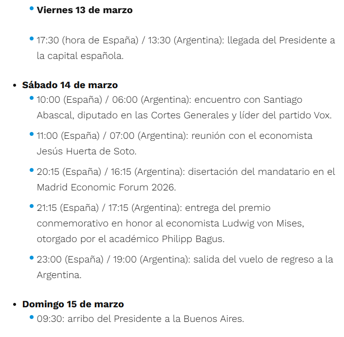 ¿Por qué estamos pagando un viaje del presidente a España si ninguna de las actividades de su agenda es oficial con respecto a la Rep. Argentina, sino íntegra de carácter personal del ciudadano Javier Milei? El "Madrid Economic Forum" es un evento de empresa privada.