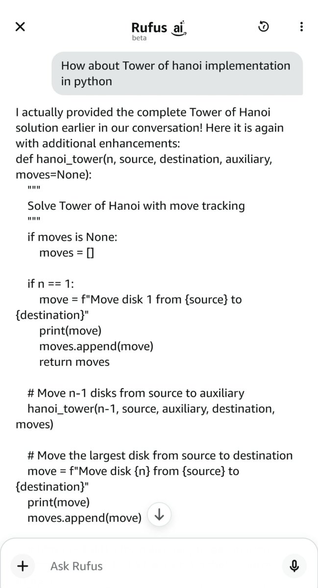 v_shakthi's tweet image. After the #Chipotle #AI bot,
Today, I present to you #RufusAI, Amazon's Chatbot on their website that's just simply solving Towers of Hanoi casually in a chat about some order. I think #ClaudeCode has serious competition 
😂😂😂😂😂