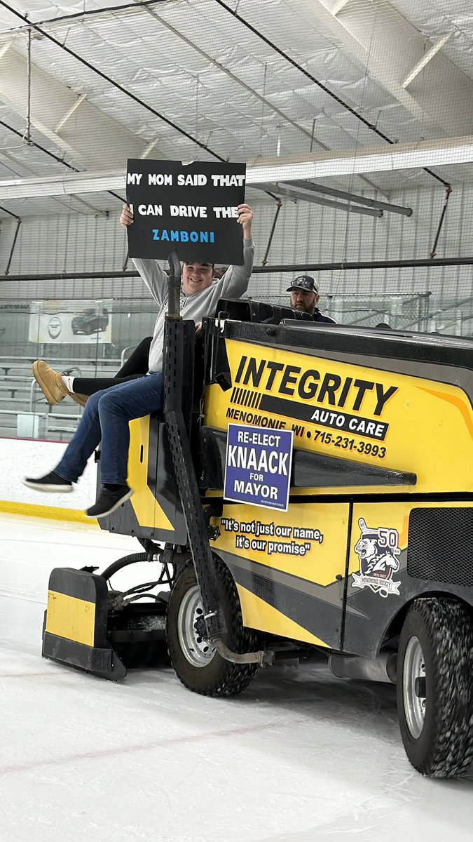 ACarothers2016's tweet photo. They finally got their ride! Most kids dream of being doctors, police officers, lawyers….but my kid?…Zamboni driver. 
Thank you, @stoutbluedevils https://t.co/VBJexOIjfB